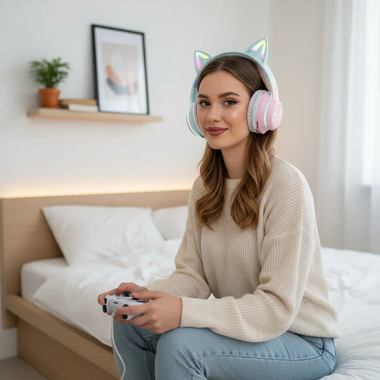 Wireless Headphones Cat Ear Gaming Headset Glow Light Bluetooth-Compatible Helmets Cute Over-Ear Headsets For Kids And Adult