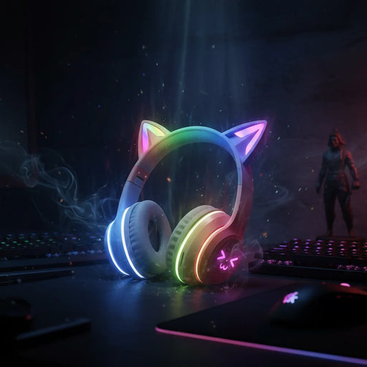 Wireless Headphones Cat Ear Gaming Headset Glow Light Bluetooth-Compatible Helmets Cute Over-Ear Headsets For Kids And Adult