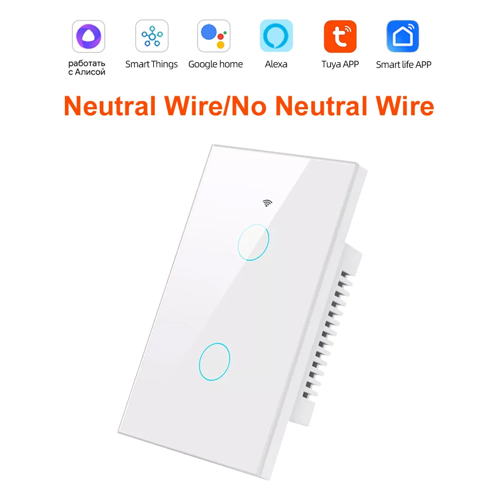 Smart Life Wifi+Bluetooth Touch Light Switch No Neutral Wire &Neutral Wire US Touch Panel Wall Switches Tuya Alexa Google Home
