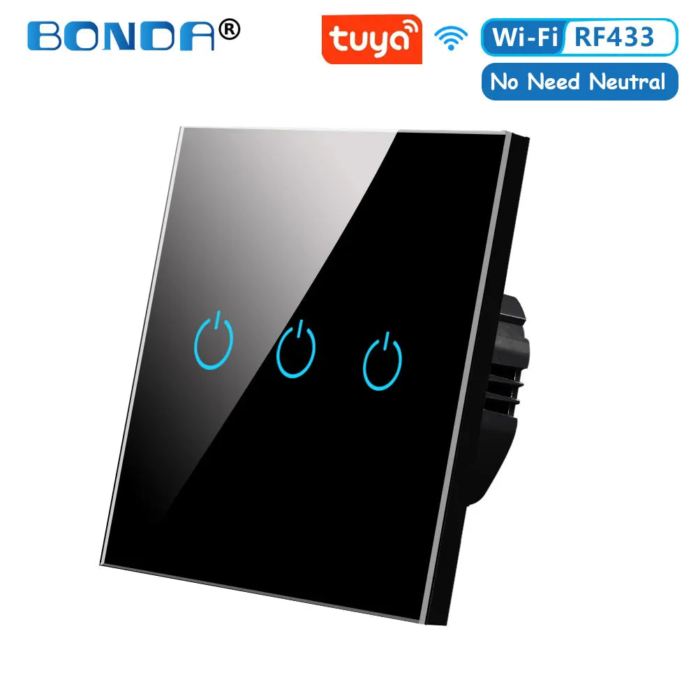 BONDA Smart Switch Alexa RF433 No Neutral Tuya Control Works With Google 1/2/3 Gang Smart Life Home Light WiFi Touch Switches 86