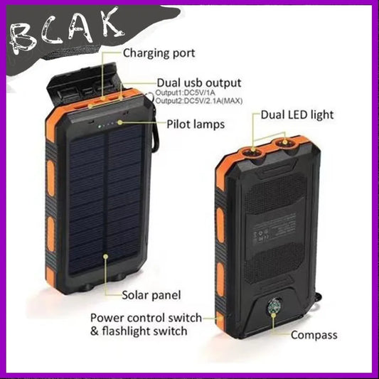 Real Capacity 200000mAh Large Capacity Solar Power Bank New Portable With Lanyard Compass External Battery Outdoor Camping