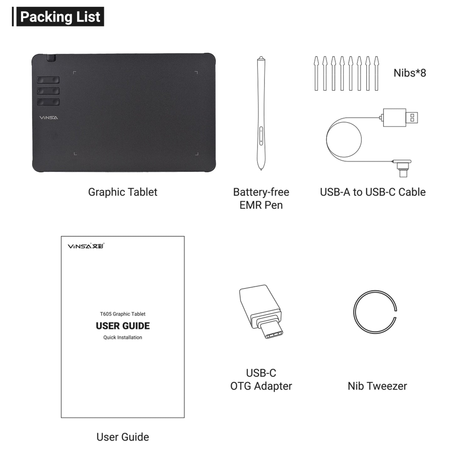 VINSA T1161 Graphics Drawing Tablet Ultra-thin Art Creation Sketch with Battery-free Stylus 8 Pen Nibs 8192 Levels Pressure