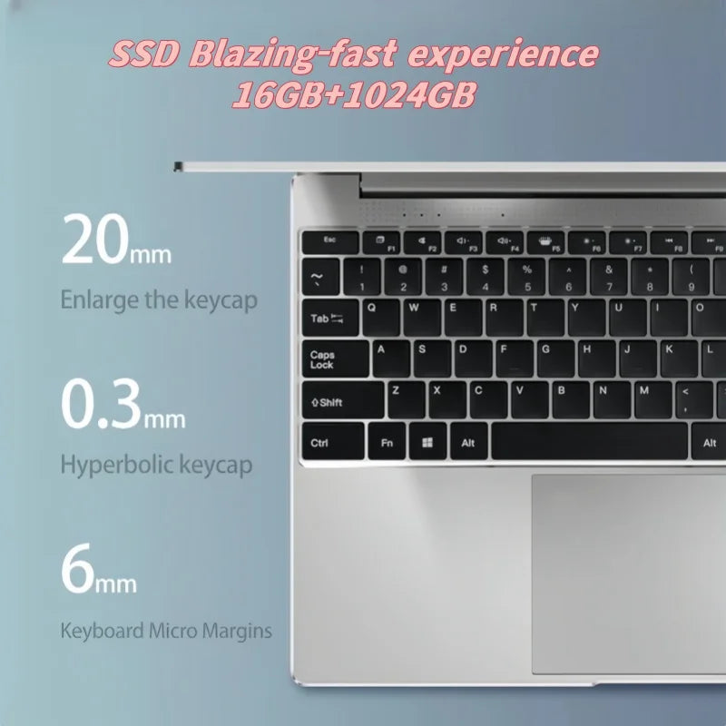 New Ultra Slim Laptop 14.1" 16GB RAM 2TB SSD Intel N3700 Gaming PC 1920*1080 Display Office Study Computer PC Windows 11 Pro