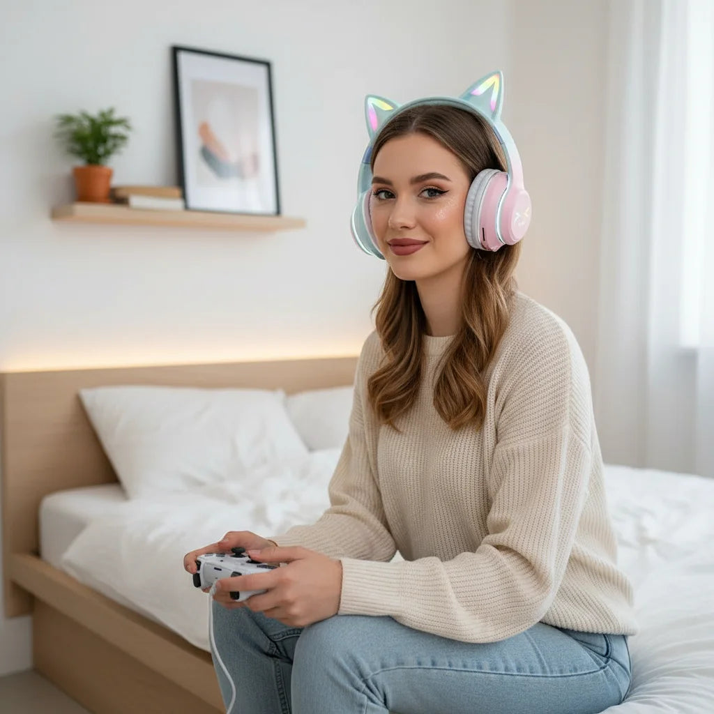 Wireless Headphones Cat Ear Gaming Headset Glow Light Bluetooth-Compatible Helmets Cute Over-Ear Headsets For Kids And Adult