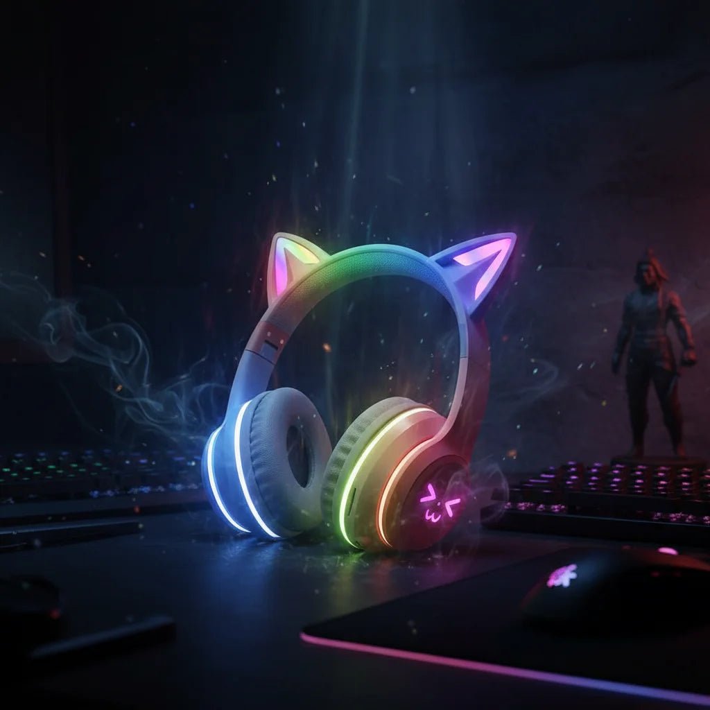 Wireless Headphones Cat Ear Gaming Headset Glow Light Bluetooth-Compatible Helmets Cute Over-Ear Headsets For Kids And Adult