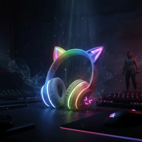 Wireless Headphones Cat Ear Gaming Headset Glow Light Bluetooth-Compatible Helmets Cute Over-Ear Headsets For Kids And Adult