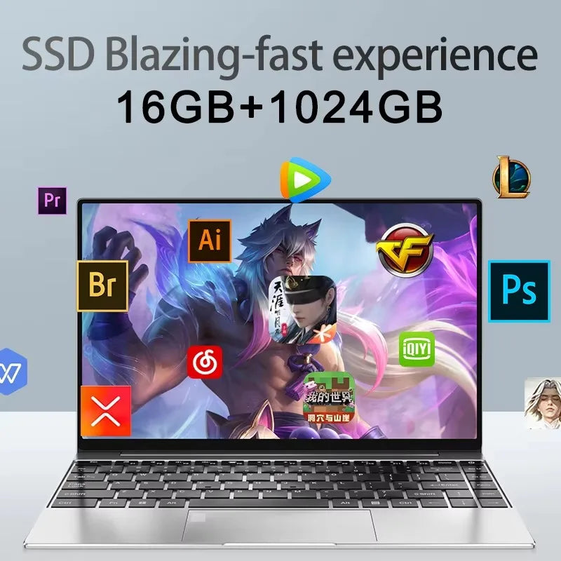 New Ultra Slim Laptop 14.1" 16GB RAM 2TB SSD Intel N3700 Gaming PC 1920*1080 Display Office Study Computer PC Windows 11 Pro