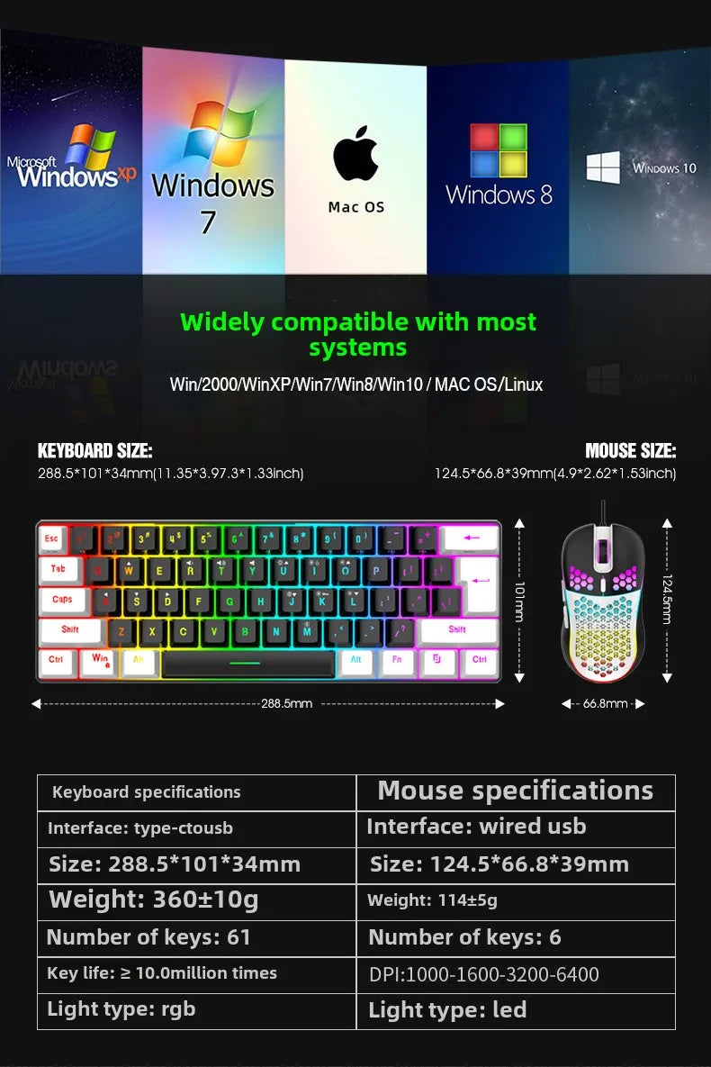 Keyboard and mouse sets 60% RGB gaming with keyboards mouse combo pc kit gamer backlit mini 61 keys computer wired set key board