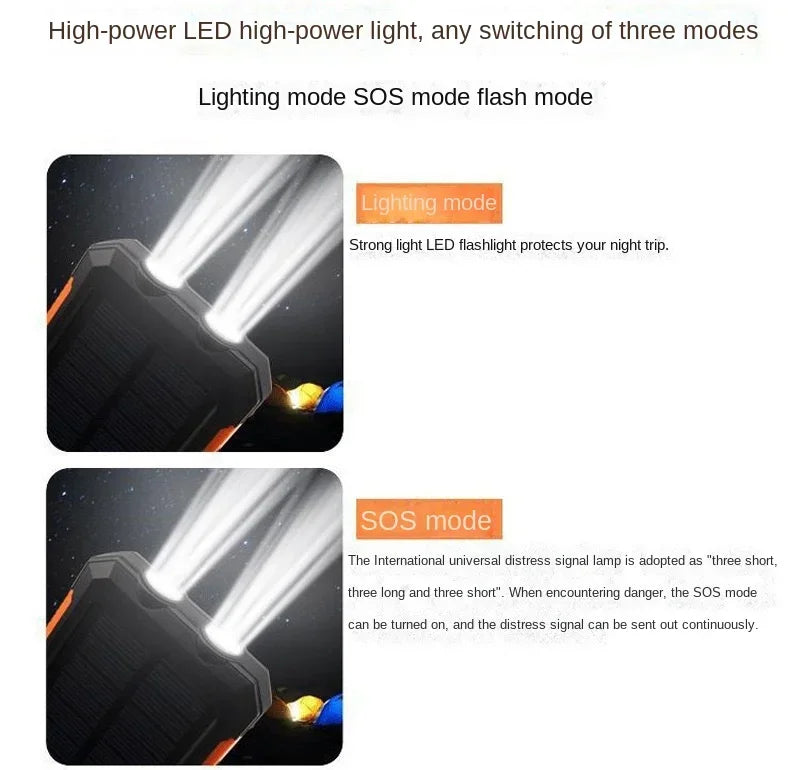 Real Capacity 200000mAh  Large Capacity Solar Power Bank New Portable With Lanyard Compass External Battery Outdoor Camping