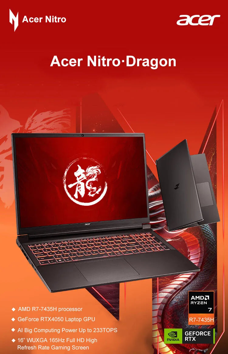 2024 Acer Nitro Dragon Gaming Laptop 16 Inch 2.5K 165Hz IPS Screen Netbook Ryzen R7-8745H 32GB 1TB RTX4060 Gaming Notebook PC