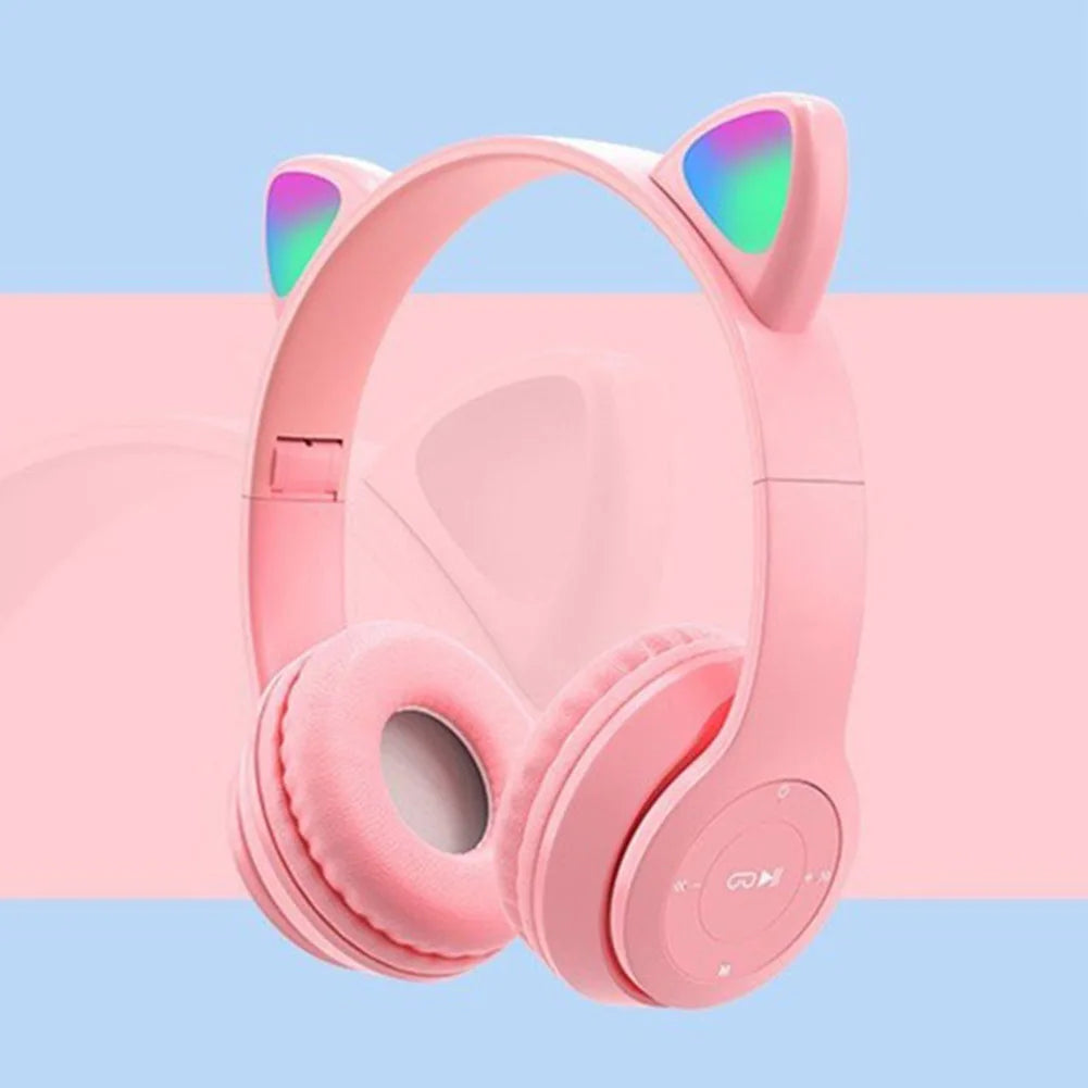 Over-Ear Headsets Cute Sports Headphones Wireless Headphones Cat Ear Bluetooth-Compatible Helmets Stereo Bass for Kids and Adult