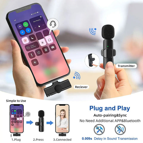 Lavalier Microphone 2.4G Wireless Portable Audio Video Recording Mini Mic for iPhone Android Live Broadcast Gaming Phone
