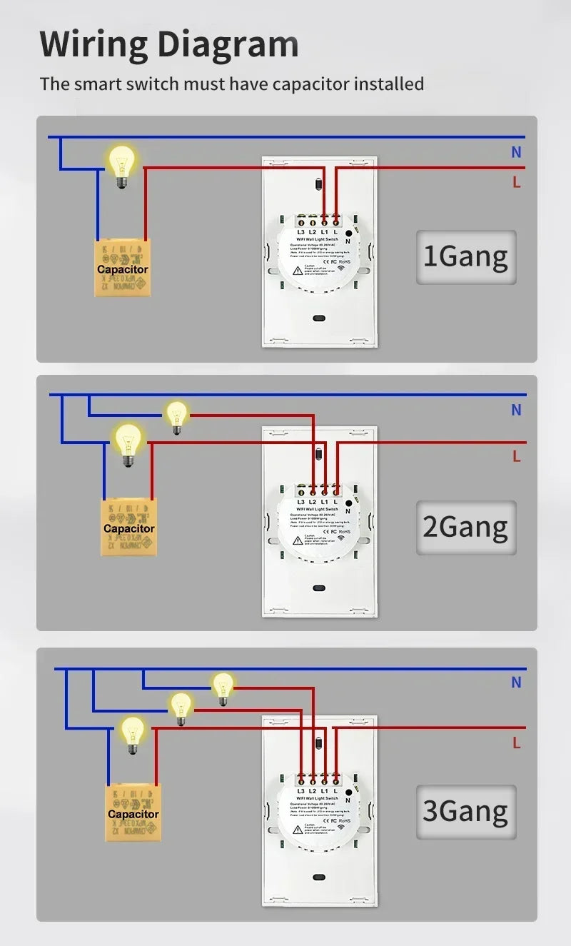 TNCE Tuya US Switch wifi zigbee, 1/2/3/4 gang, No-Neutral/Wire LED light control Wall Button, smart voice with Alexa Google Home