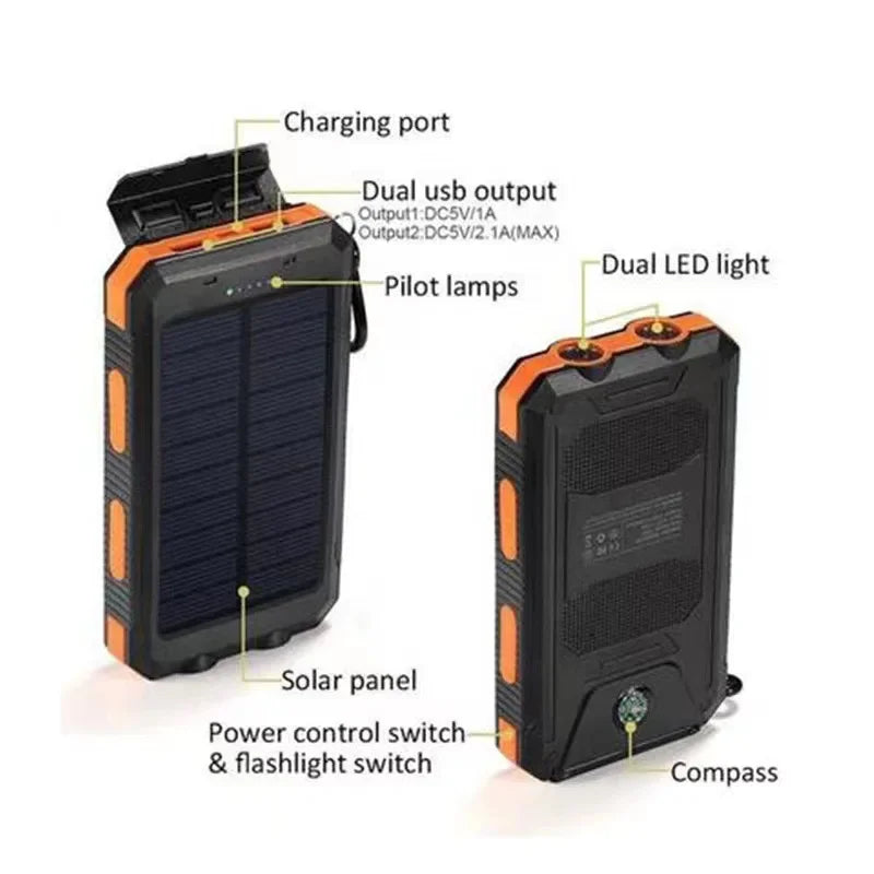 Real Capacity 200000mAh  Large Capacity Solar Power Bank New Portable With Lanyard Compass External Battery Outdoor Camping