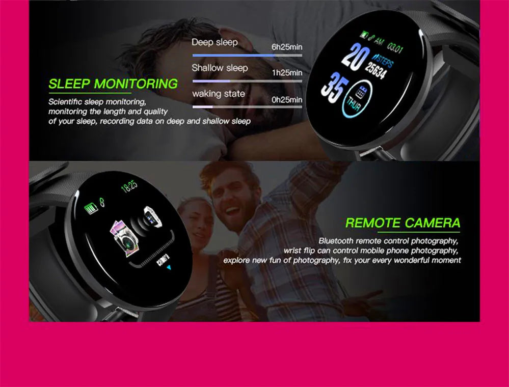 D18 Smart Watch Heart Rate Monitor Men's Women's Smartwatch Round Fitness Digital Watches for Men Women Band Bracelet PK D20 Y68