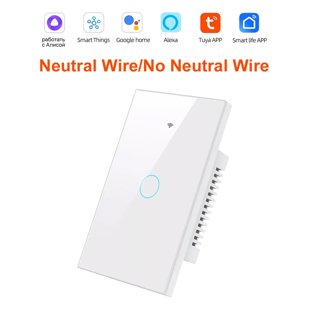 Smart Life Wifi+Bluetooth Touch Light Switch No Neutral Wire &Neutral Wire US Touch Panel Wall Switches Tuya Alexa Google Home