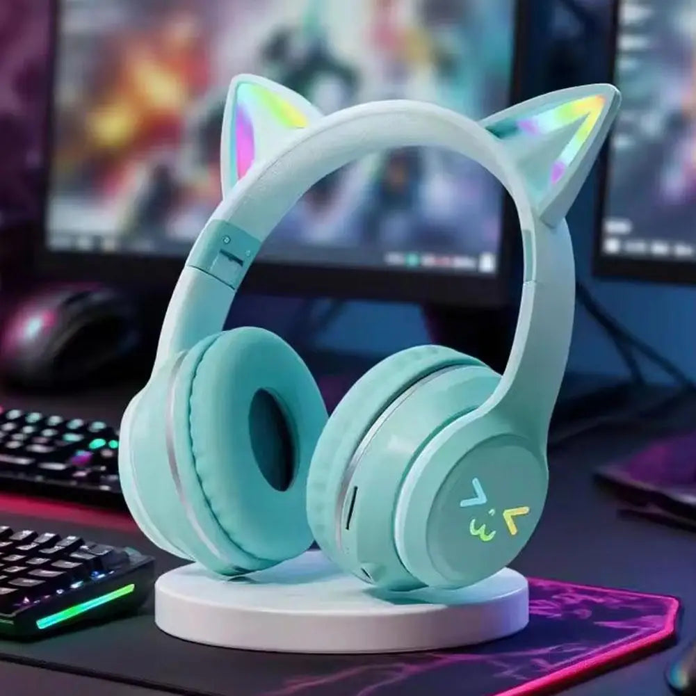 Wireless Headphones Cat Ear Gaming Headset Glow Light Bluetooth-Compatible Helmets Cute Over-Ear Headsets For Kids And Adult