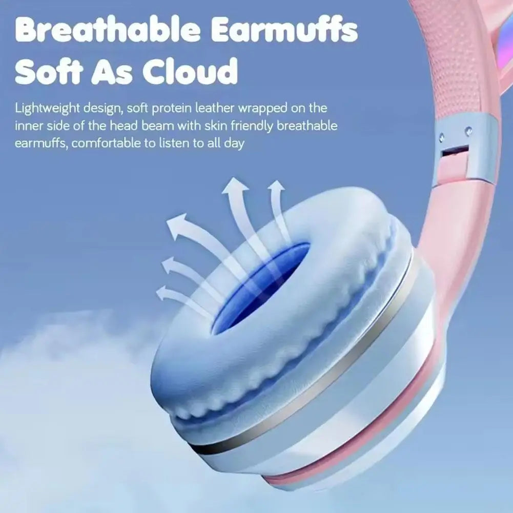 Wireless Headphones Cat Ear Gaming Headset Glow Light Bluetooth-Compatible Helmets Cute Over-Ear Headsets For Kids And Adult