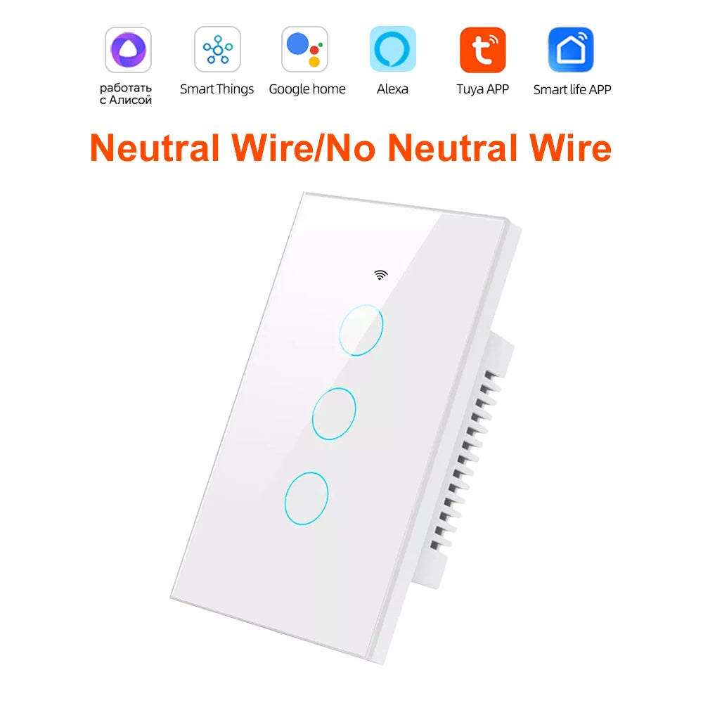 Smart Life Wifi+Bluetooth Touch Light Switch No Neutral Wire &Neutral Wire US Touch Panel Wall Switches Tuya Alexa Google Home