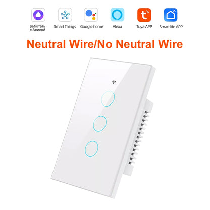 Smart Life Wifi+Bluetooth Touch Light Switch No Neutral Wire &Neutral Wire US Touch Panel Wall Switches Tuya Alexa Google Home