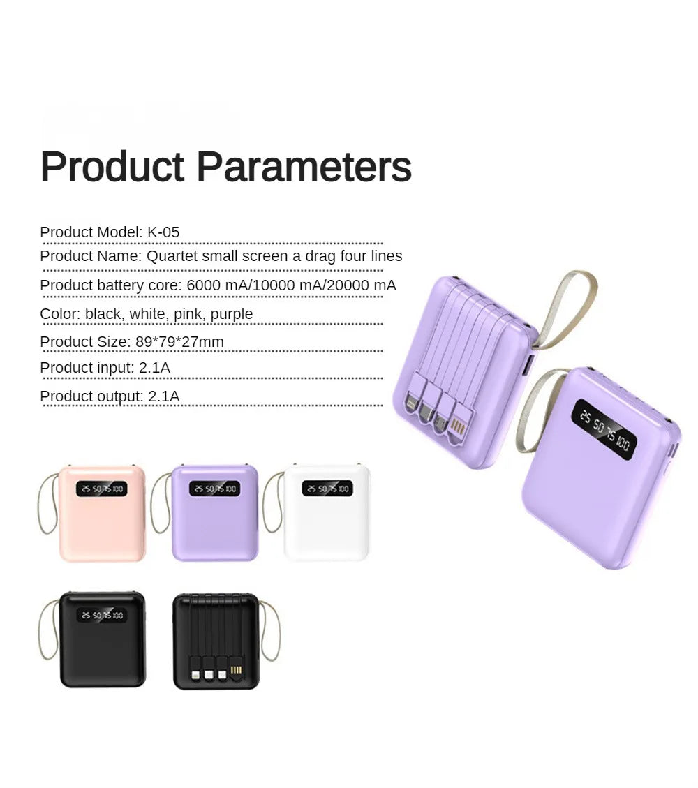 Mirror Screen Mini Fast Charge Large Capacity 20000 MAh Fast Charging Power Bank Sharing With Cable Mobile Power Supply