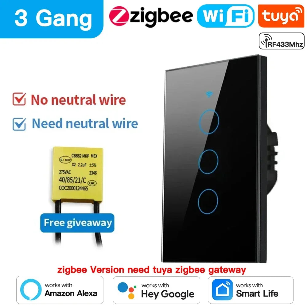 TNCE Tuya US Switch wifi zigbee, 1/2/3/4 gang, No-Neutral/Wire LED light control Wall Button, smart voice with Alexa Google Home