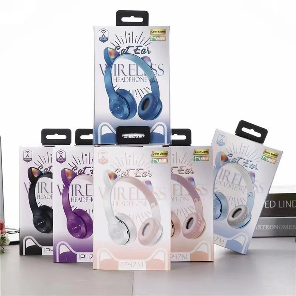 Over-Ear Headsets Cute Sports Headphones Wireless Headphones Cat Ear Bluetooth-Compatible Helmets Stereo Bass for Kids and Adult