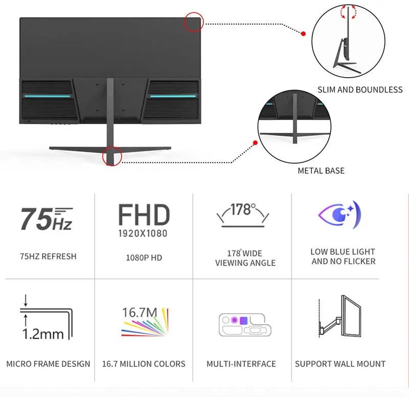 24" Surface Ips DESKTOP Screen 24 Inch R2800 Frameless Display Computer Monitor Pc Office Monitor for Student Black