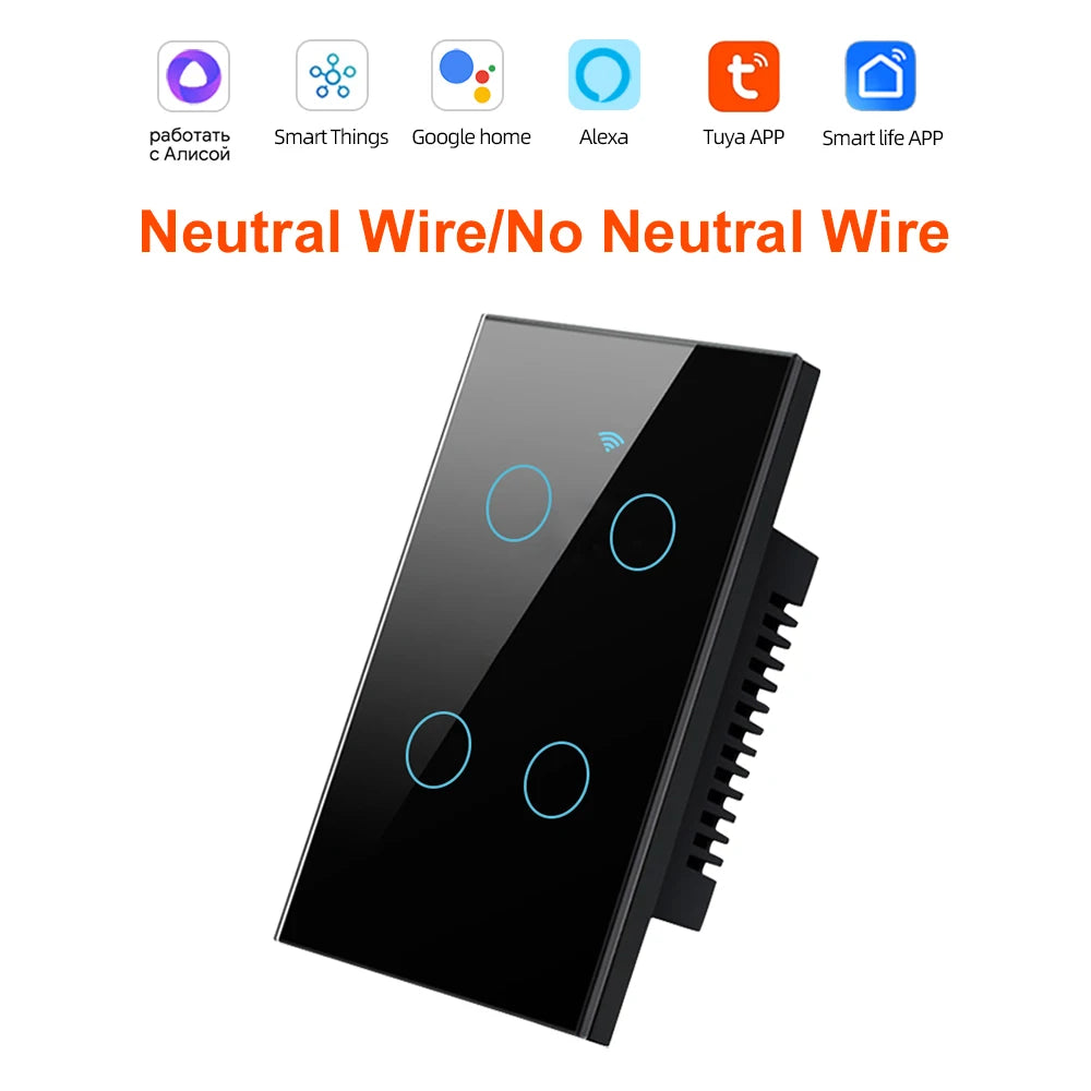 Smart Life Wifi+Bluetooth Touch Light Switch No Neutral Wire &Neutral Wire US Touch Panel Wall Switches Tuya Alexa Google Home