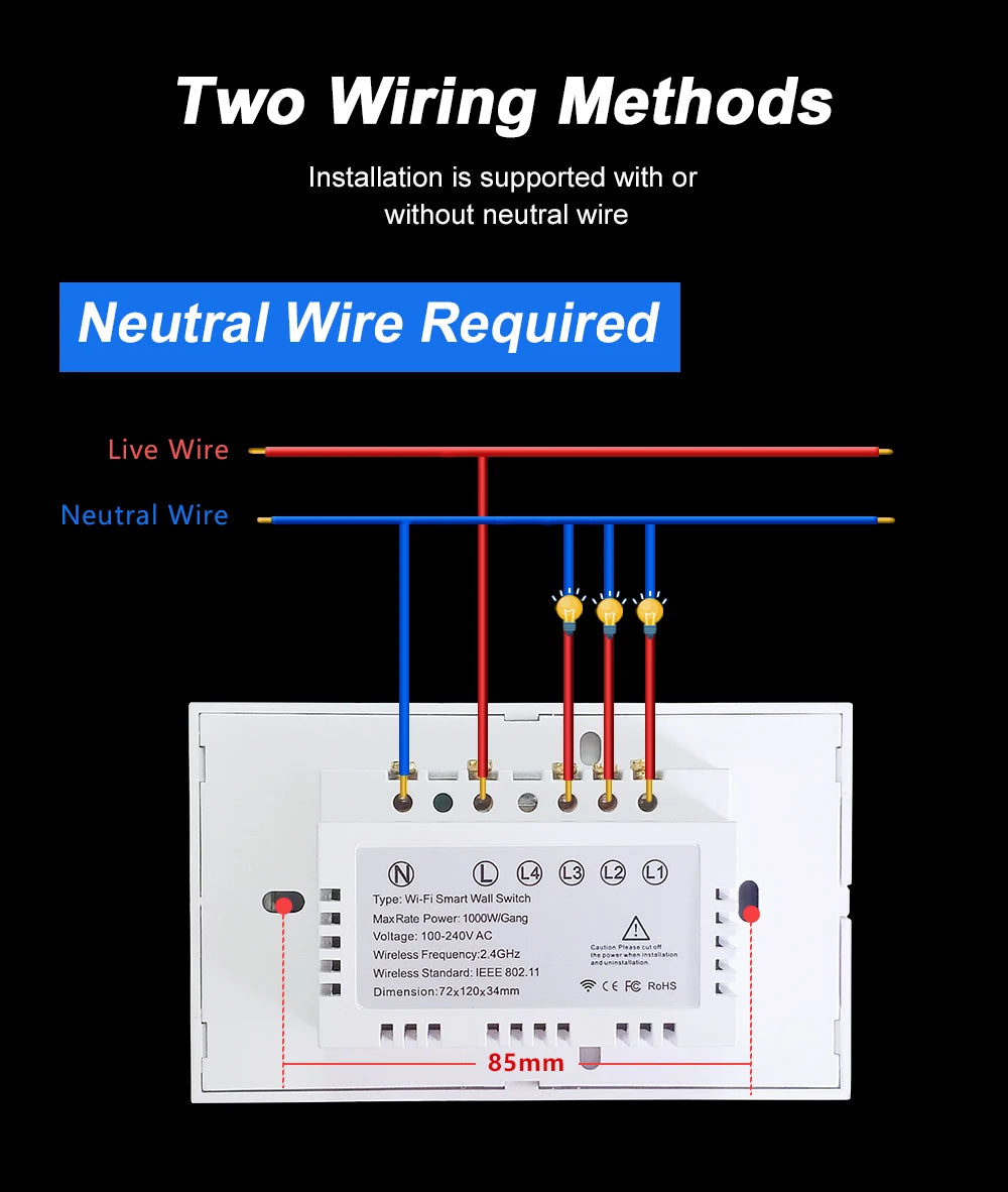 Smart Life Wifi+Bluetooth Touch Light Switch No Neutral Wire &Neutral Wire US Touch Panel Wall Switches Tuya Alexa Google Home