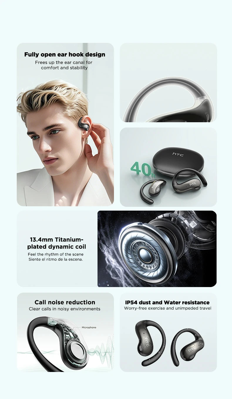 HTC NE19 Bluetooth Earphones AI OWS Sports Wireless Headphones with Mic Powerful Bass AI Translator Earbuds Waterproof Long Life