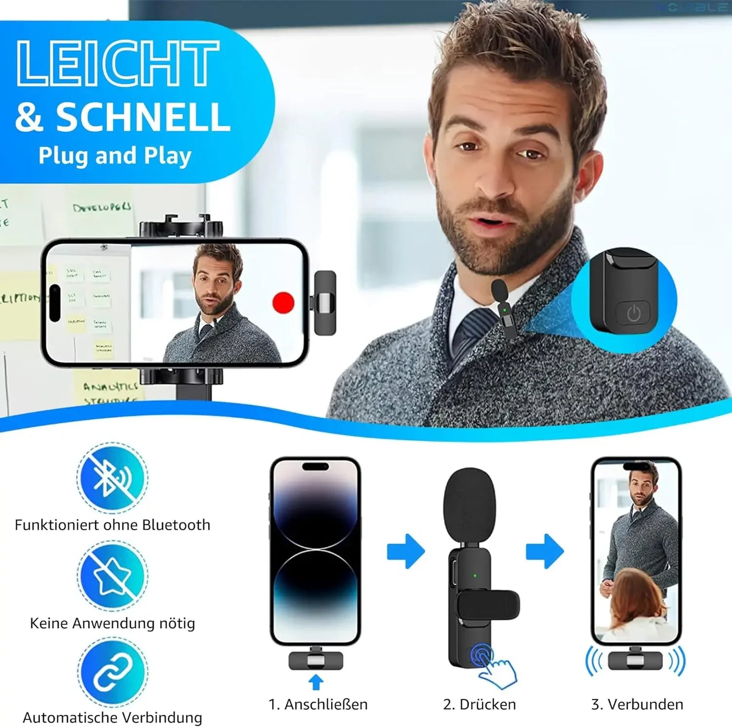 Lavalier Microphone 2.4G Wireless Portable Audio Video Recording Mini Mic for iPhone Android Live Broadcast Gaming Phone