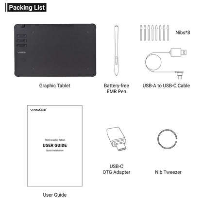 VINSA T1161 Graphics Drawing Tablet Ultra-thin Art Creation Sketch with Battery-free Stylus 8 Pen Nibs 8192 Levels Pressure