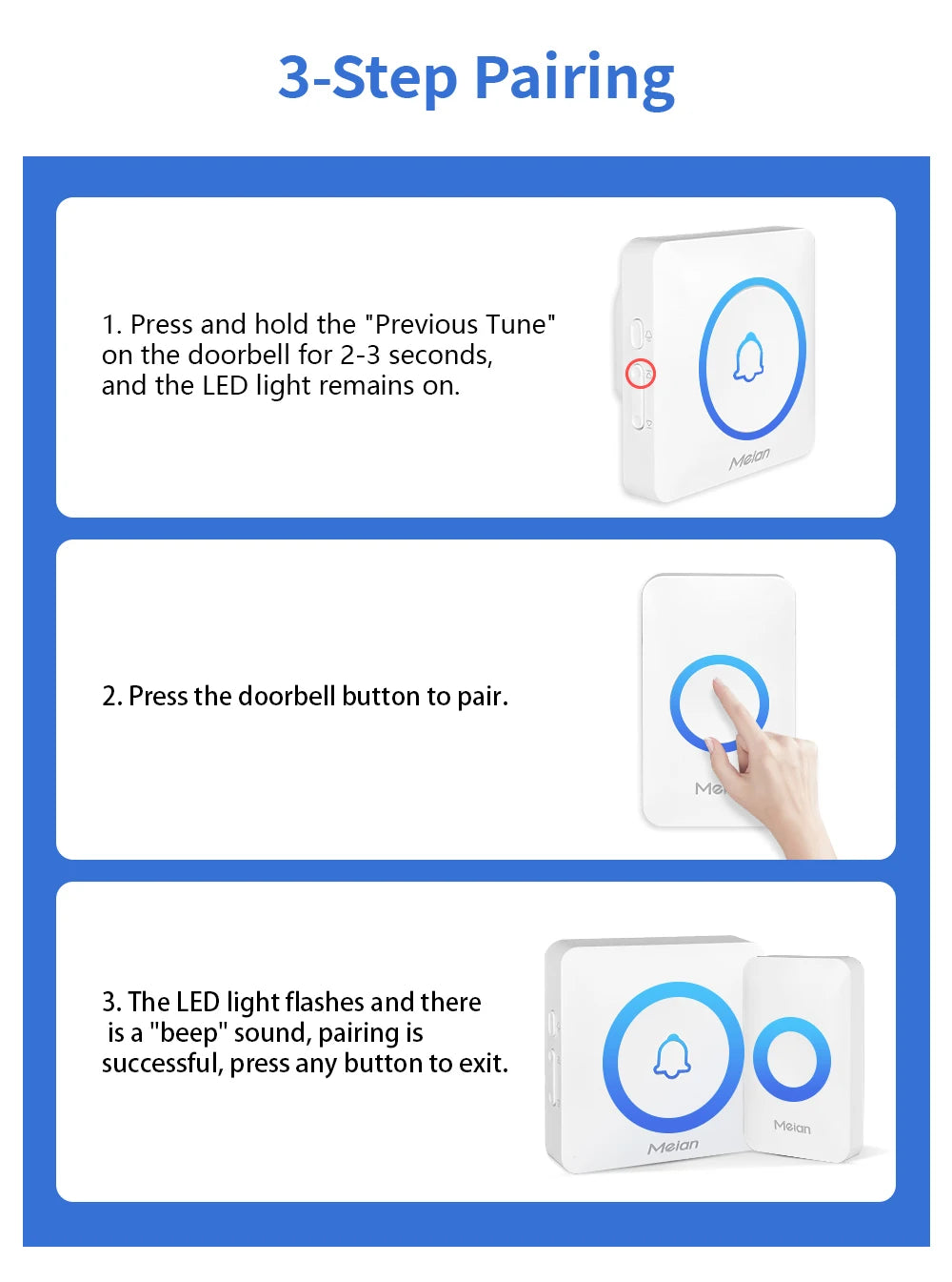 Meian-Smart Home Doorbell, Wireless Outdoor Doorbell, IP65 Waterproof Door Bell, 60 Songs, Smart Security Alarm, Door Bell Chime