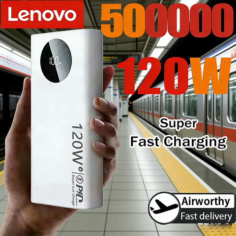 Lenovo 120W 500000mAh High Capacity Power Bank Fast Charging Powerbank Digital Display Portable Battery Charger For iPhone VIVO