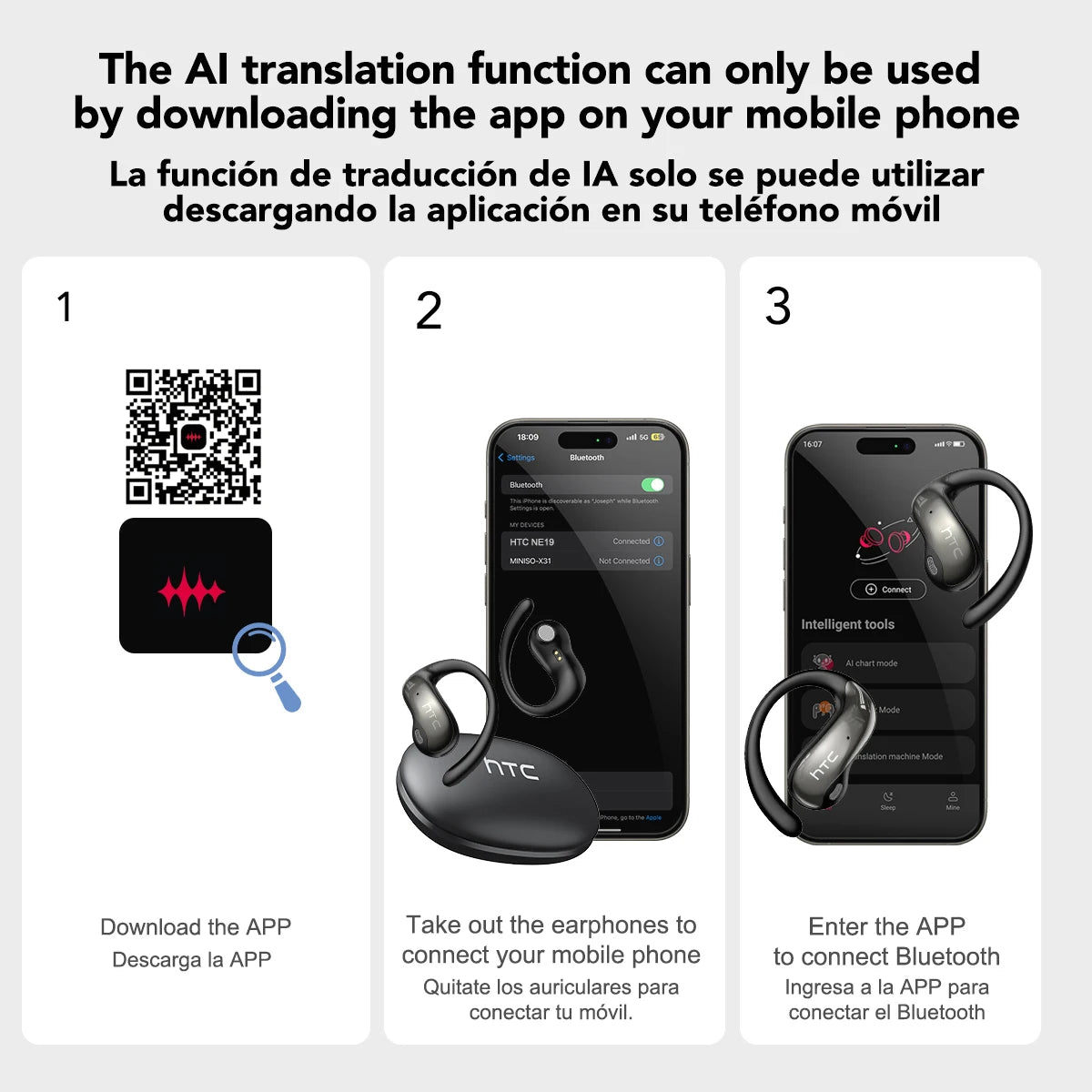 HTC NE19 Bluetooth Earphones AI OWS Sports Wireless Headphones with Mic Powerful Bass AI Translator Earbuds Waterproof Long Life