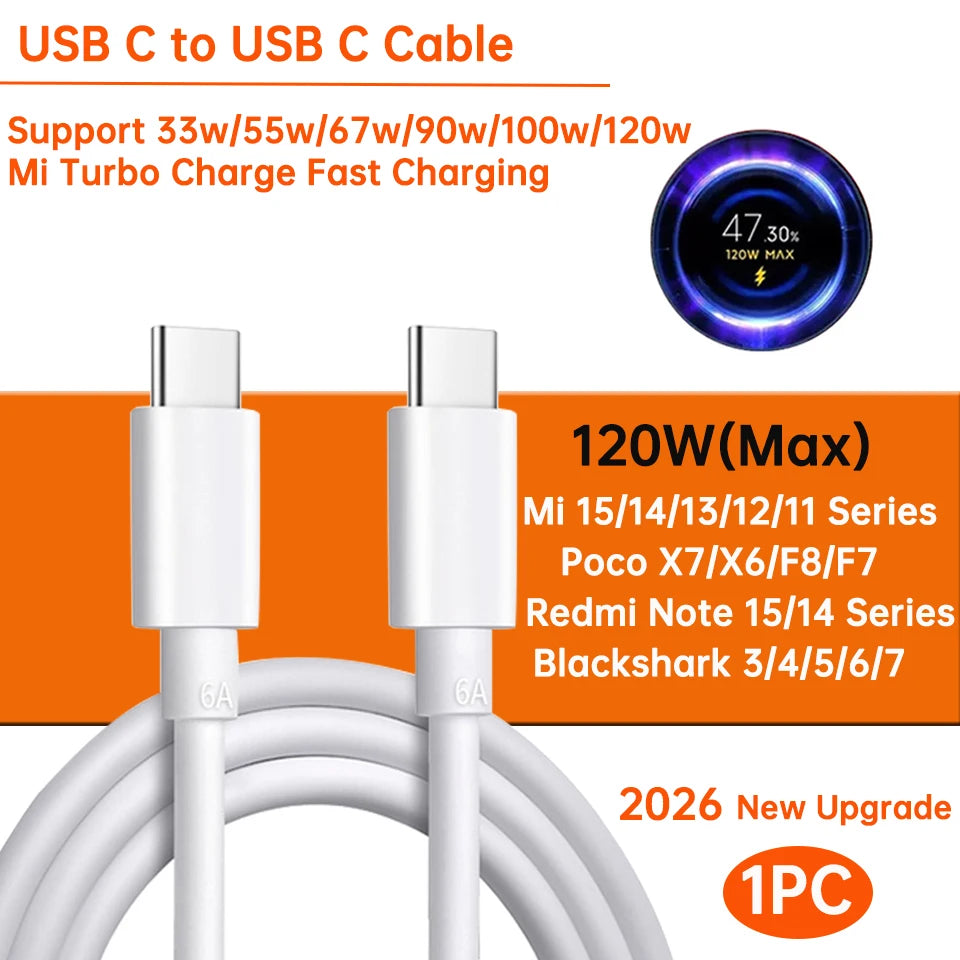 Xiaomi Original Usb Type C Cable 120W 100W 90W 67W Turbo Fast Charger Mi 17 15 14 13 12 T Pro 11 Ultra Poco X6 X7 Redmi Note 10
