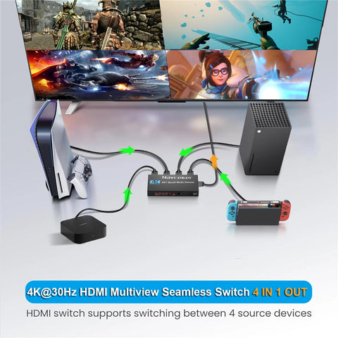 4K HDMI Quad Screen Multiviewer 4x1 1080P 4 in 1 out HDMI Multi Viewer Seamless Switcher 9 Display Modes for Camera Laptop PC TV