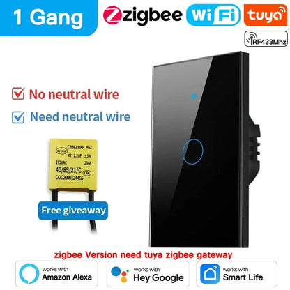 TNCE Tuya US Switch wifi zigbee, 1/2/3/4 gang, No-Neutral/Wire LED light control Wall Button, smart voice with Alexa Google Home