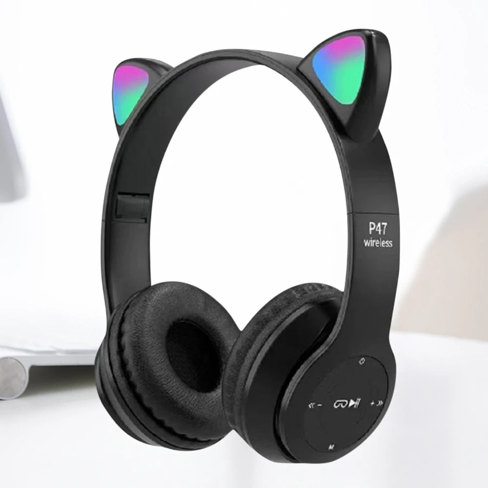 Over-Ear Headsets Cute Sports Headphones Wireless Headphones Cat Ear Bluetooth-Compatible Helmets Stereo Bass for Kids and Adult