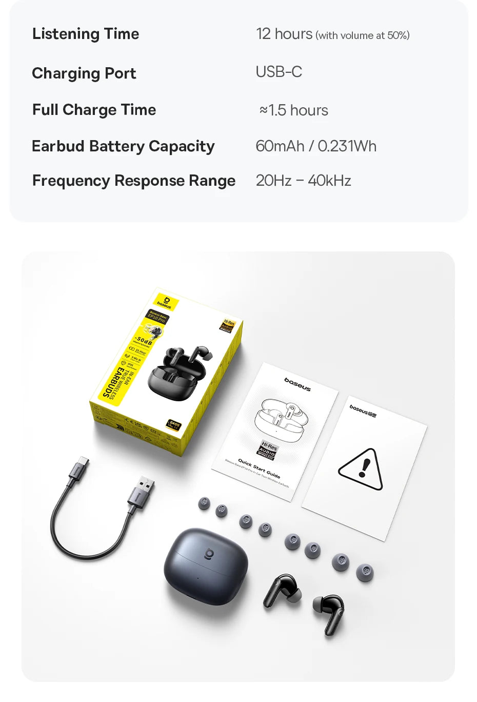 Baseus EP10 Pro ANC Earbuds Wireless Bluetooth 6.0 Earphones 50dB Realtime Adaptive Headphones 6 Mic Hi-Res LDAC IP55  Ear buds