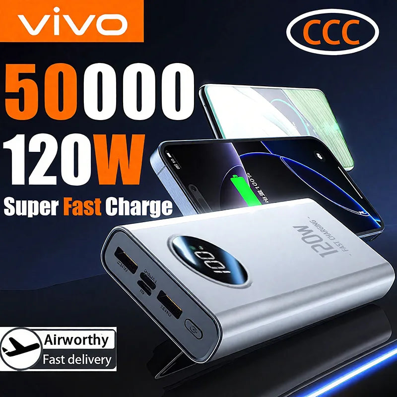 VIVO 50000mAh Power Bank High Capacity 120W Fast Charging Power Bank Portable External Battery Charger With LED Digital Display