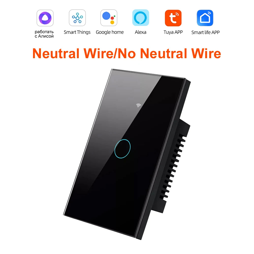 Smart Life Wifi+Bluetooth Touch Light Switch No Neutral Wire &Neutral Wire US Touch Panel Wall Switches Tuya Alexa Google Home