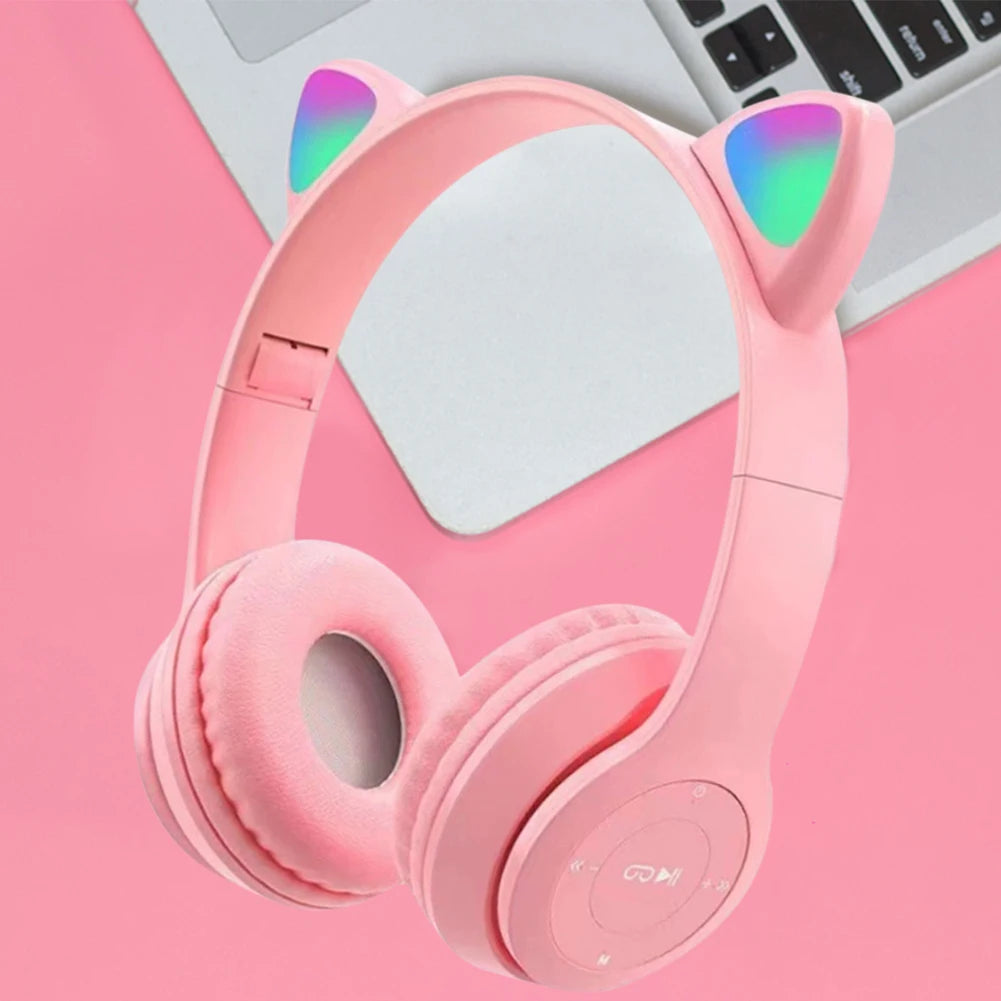 Over-Ear Headsets Cute Sports Headphones Wireless Headphones Cat Ear Bluetooth-Compatible Helmets Stereo Bass for Kids and Adult