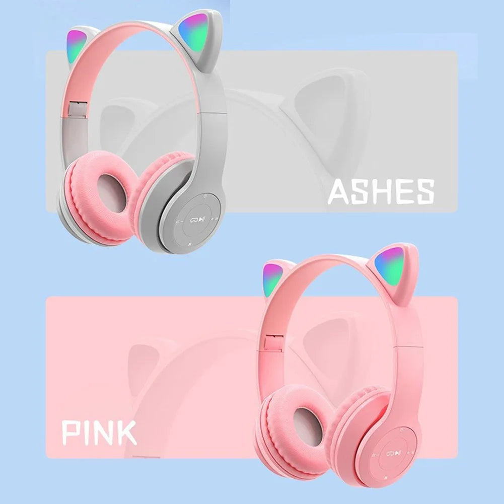Over-Ear Headsets Cute Sports Headphones Wireless Headphones Cat Ear Bluetooth-Compatible Helmets Stereo Bass for Kids and Adult
