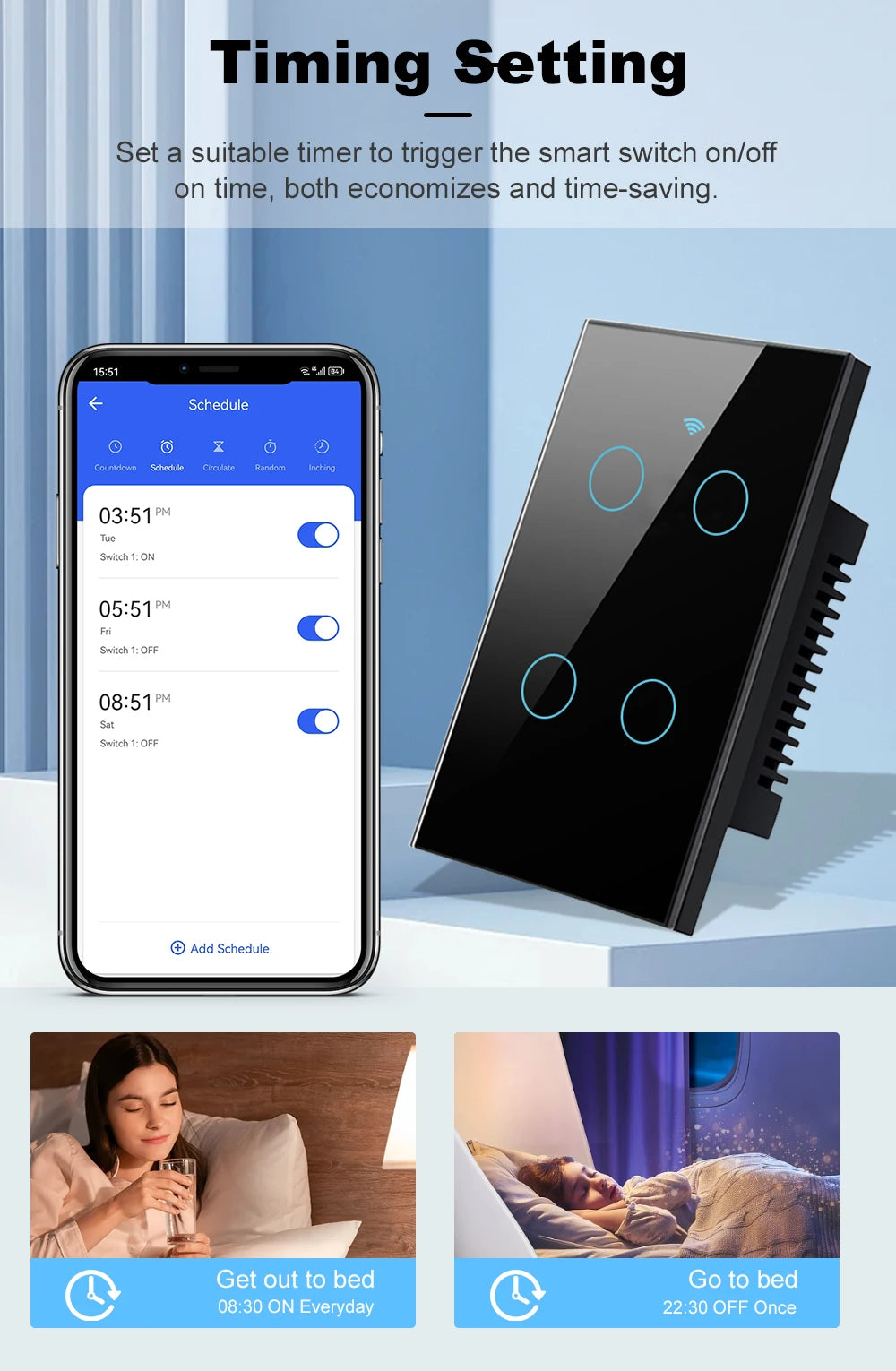 Smart Life Wifi+Bluetooth Touch Light Switch No Neutral Wire &Neutral Wire US Touch Panel Wall Switches Tuya Alexa Google Home