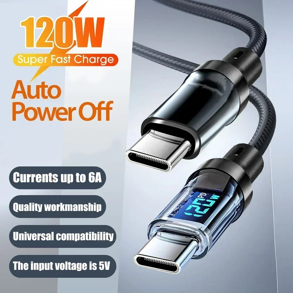 120W Dual USB C Digital Display Cable PD Fast Charging USB Type C to Type-C Cable For iPhone 15 Pro Max Plus Xiaomi Macbook iPad
