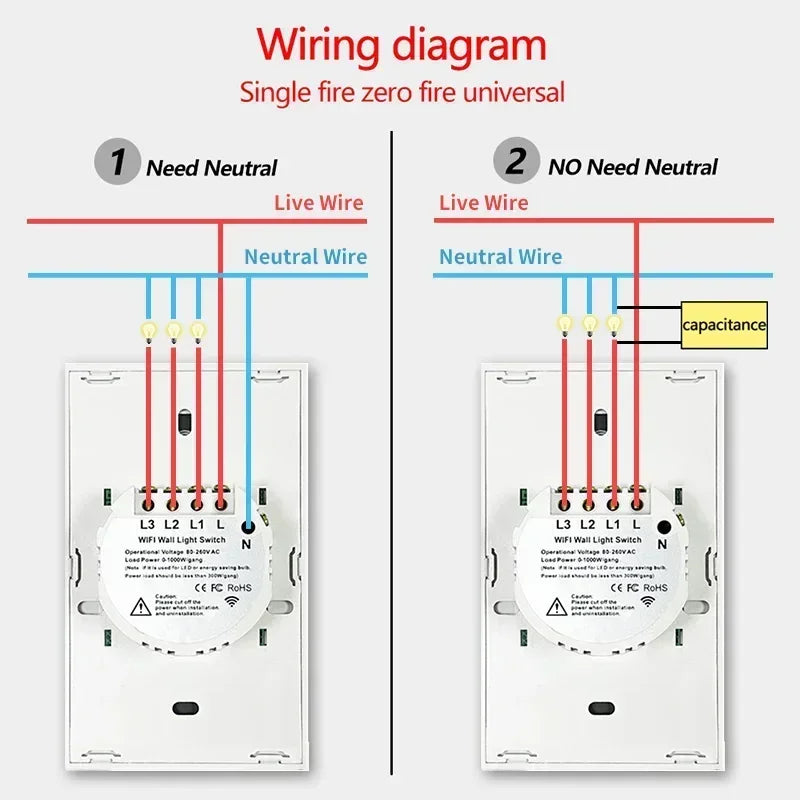 TNCE Tuya US Switch wifi zigbee, 1/2/3/4 gang, No-Neutral/Wire LED light control Wall Button, smart voice with Alexa Google Home