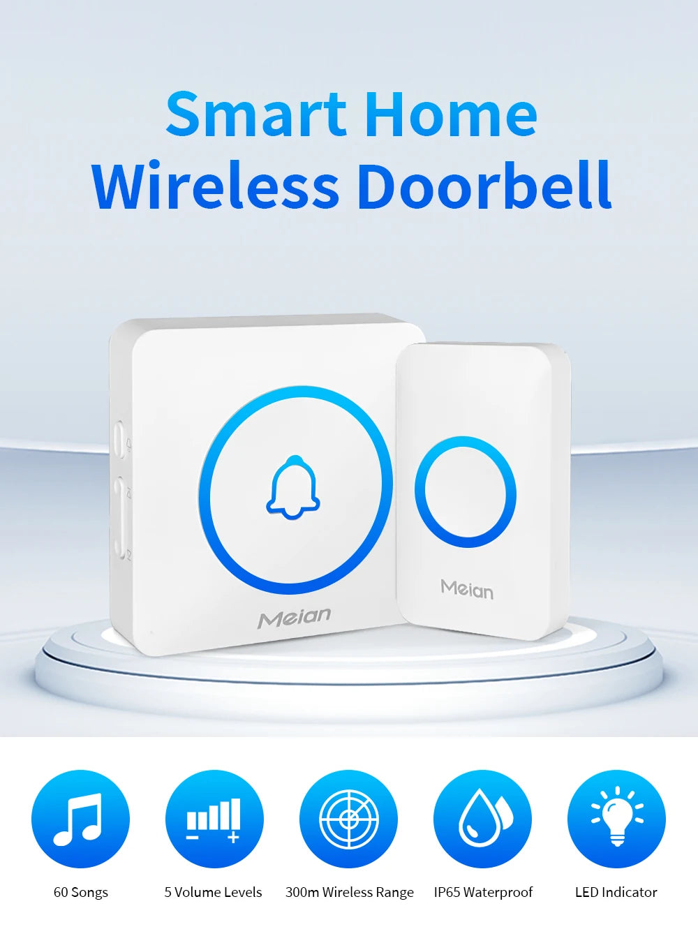 Meian-Smart Home Doorbell, Wireless Outdoor Doorbell, IP65 Waterproof Door Bell, 60 Songs, Smart Security Alarm, Door Bell Chime