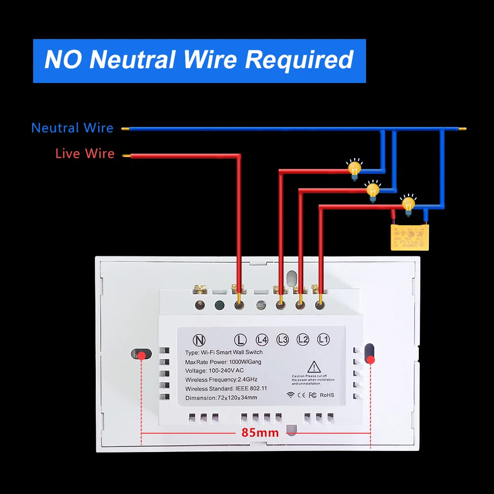 Smart Life Wifi+Bluetooth Touch Light Switch No Neutral Wire &Neutral Wire US Touch Panel Wall Switches Tuya Alexa Google Home